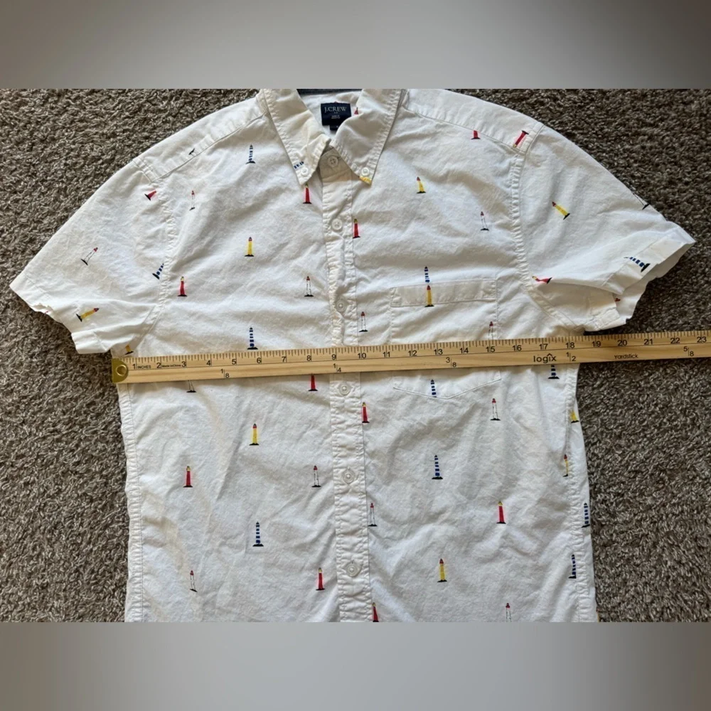 J. Crew Men's Short Sleeve Button Down White Shirt Lighthouses